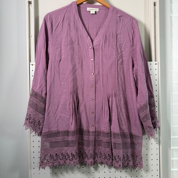Coldwater Creek Tops - Coldwater Creek Purple Pintuck Crochet Lace Trim Rayon Button Front Tunic Top M